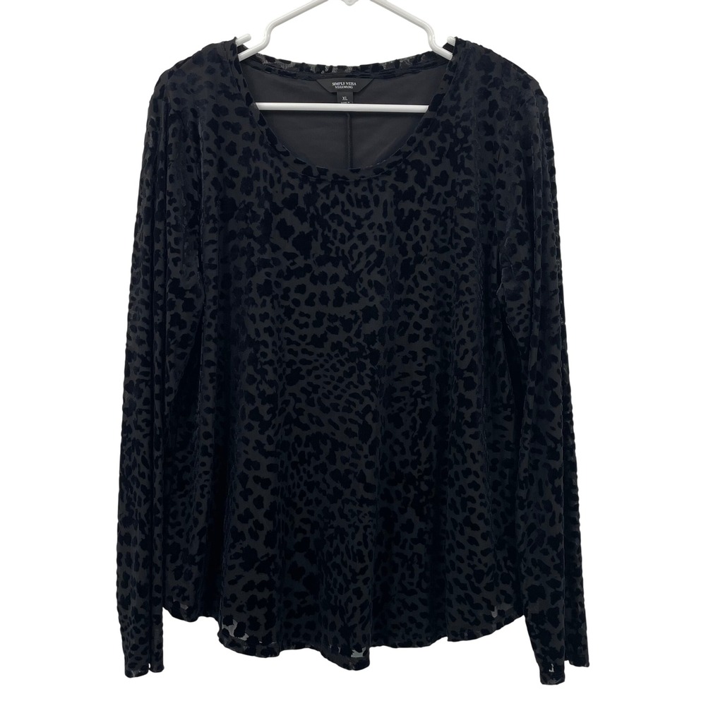 Simply Vera Wang Women's Sz. XL Velvet Burnout Top Black/Gray Leopard‎ Print